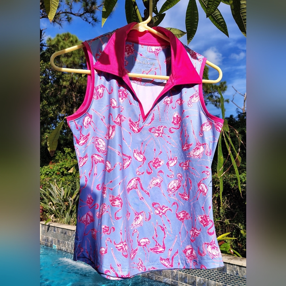 NEW Ana Clare Sleeveless Polo Top Women's Sz S Hot Pink 🦩 Flamingos $59 - Picture 2 of 6